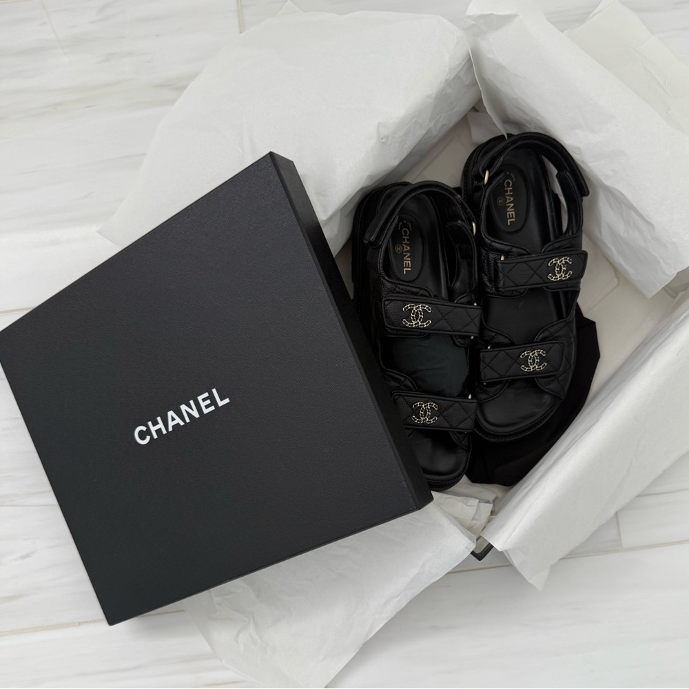CHANEL Black Dad Sandals with Signature Box